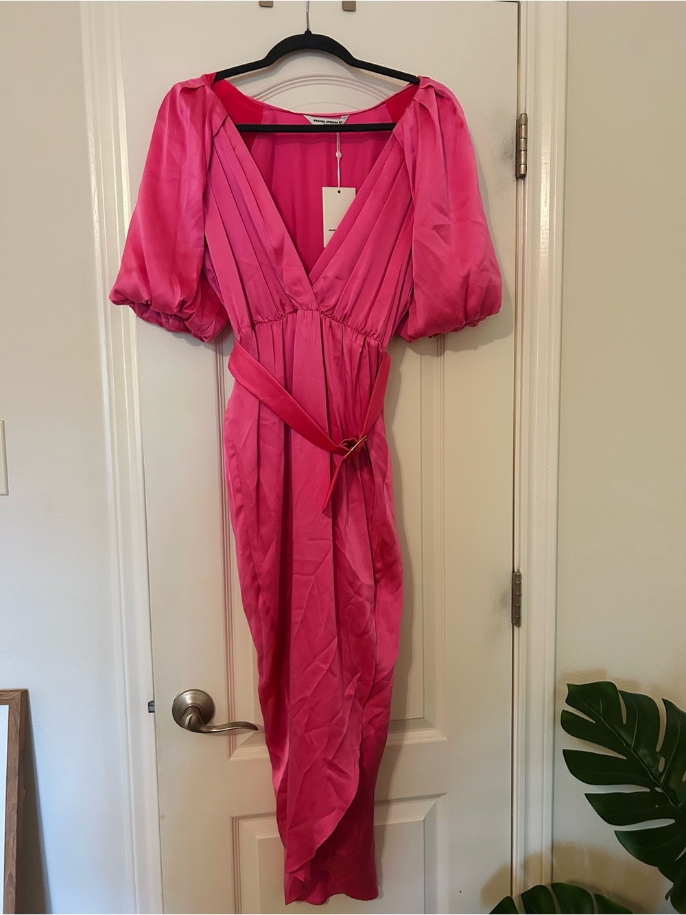 Amanda Uprichard Bright Pink Wrap Dress with Puff Sleeves